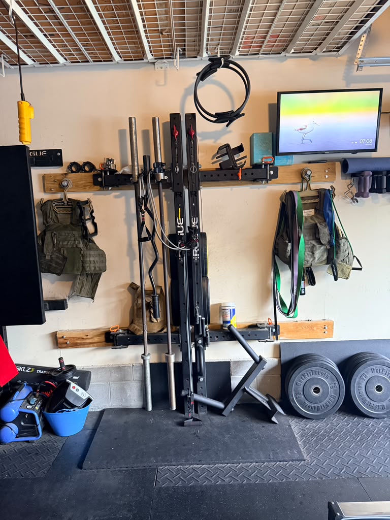 Wall-mounted squat rack, barbells and weight plates in the gym